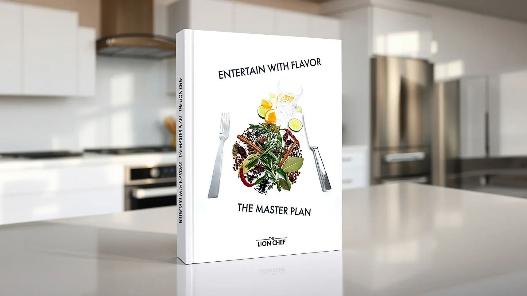 Entertain With Flavor — The Master Plan book in a bright kitchen