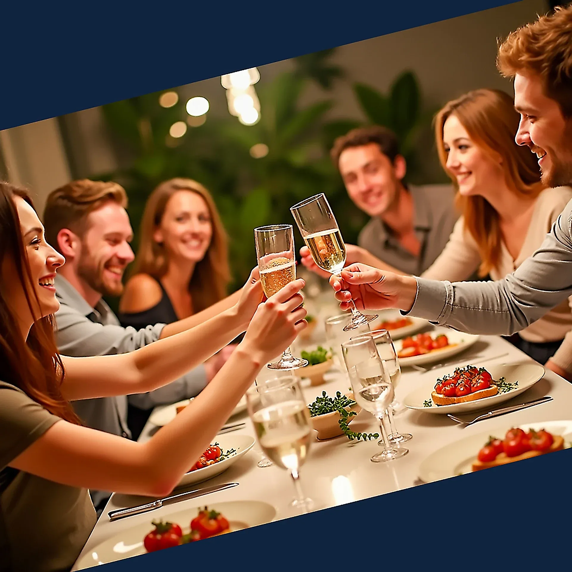 Friends raising glasses around a dinner table