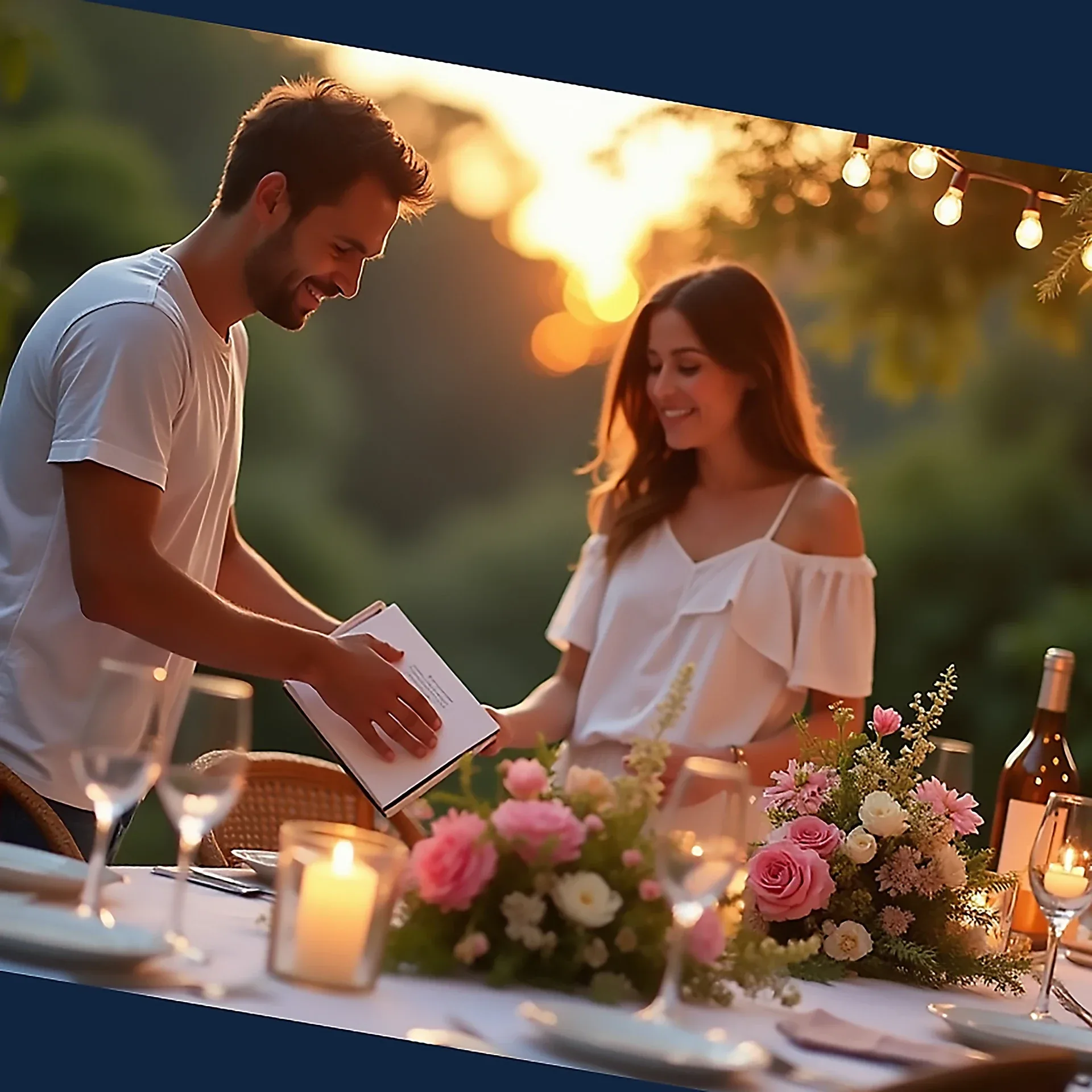 A couple setting an outdoor dinner table